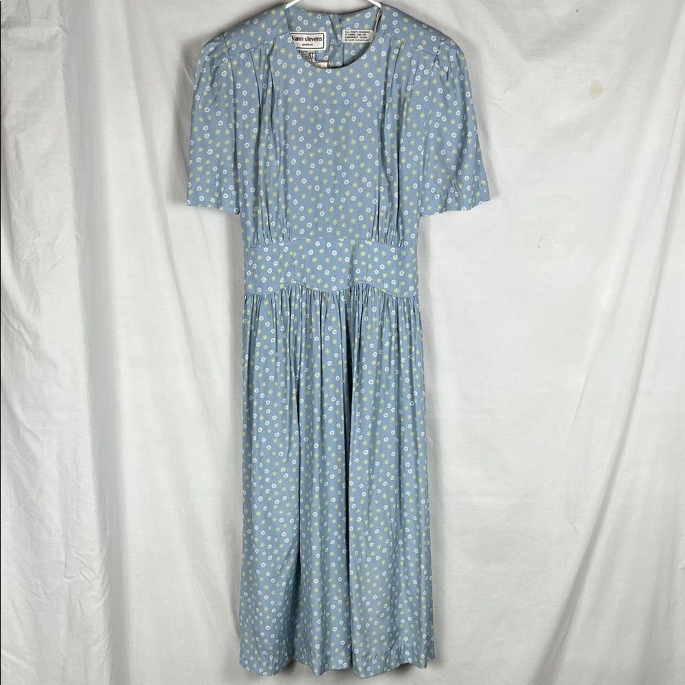 Vintage 1990s NWT Karin Stevens Deadstock Blue and Green Floral Midi Dress